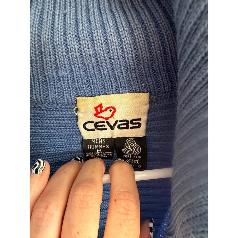 Vintage Cevas Mens Blue 100% Pure New Wool Quarter Zip Ribbed Sweater‎ Medium